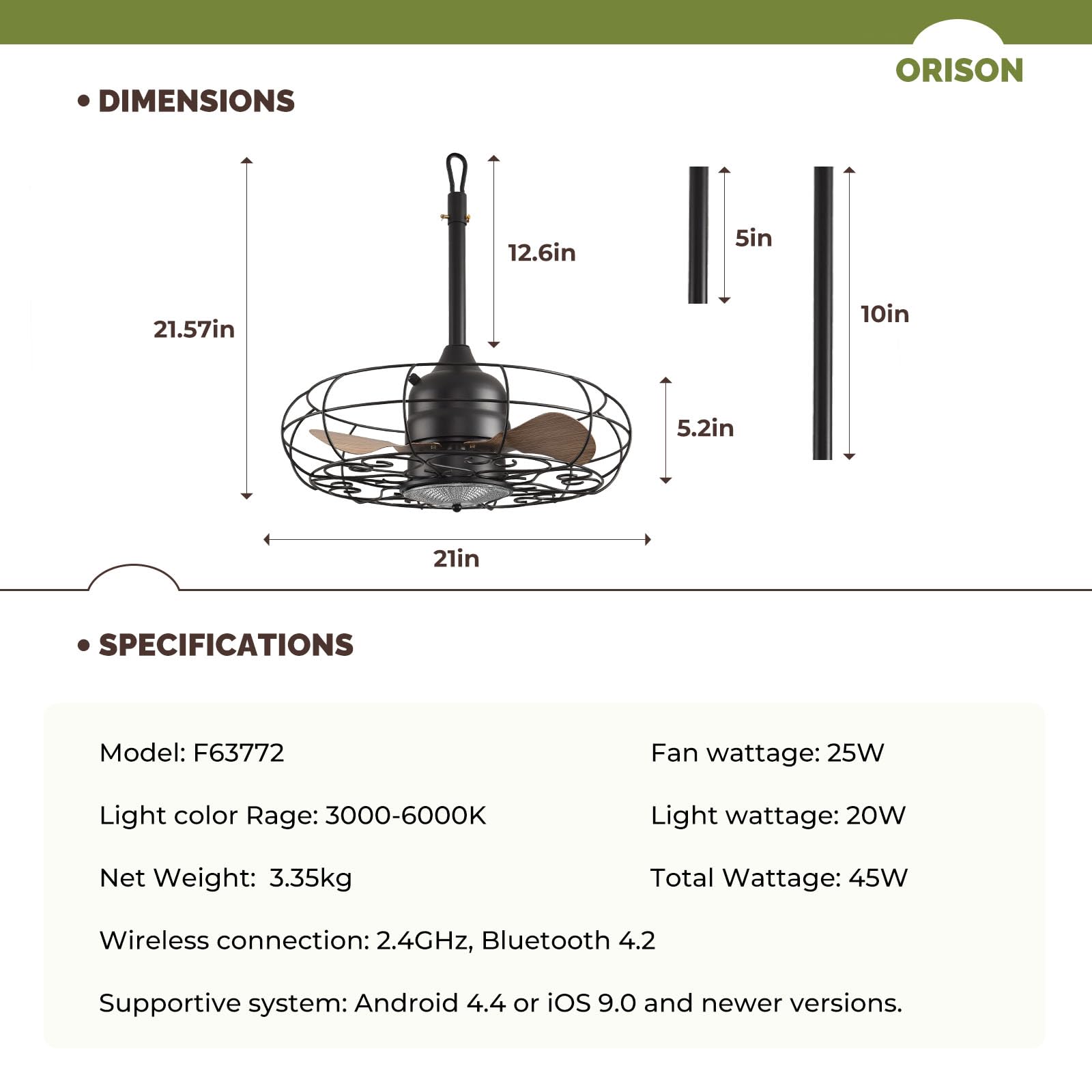 Orison Outdoor Ceiling Fans with Light, 21'' Wet Rated Outdoor Hanging Fan for Gazebo