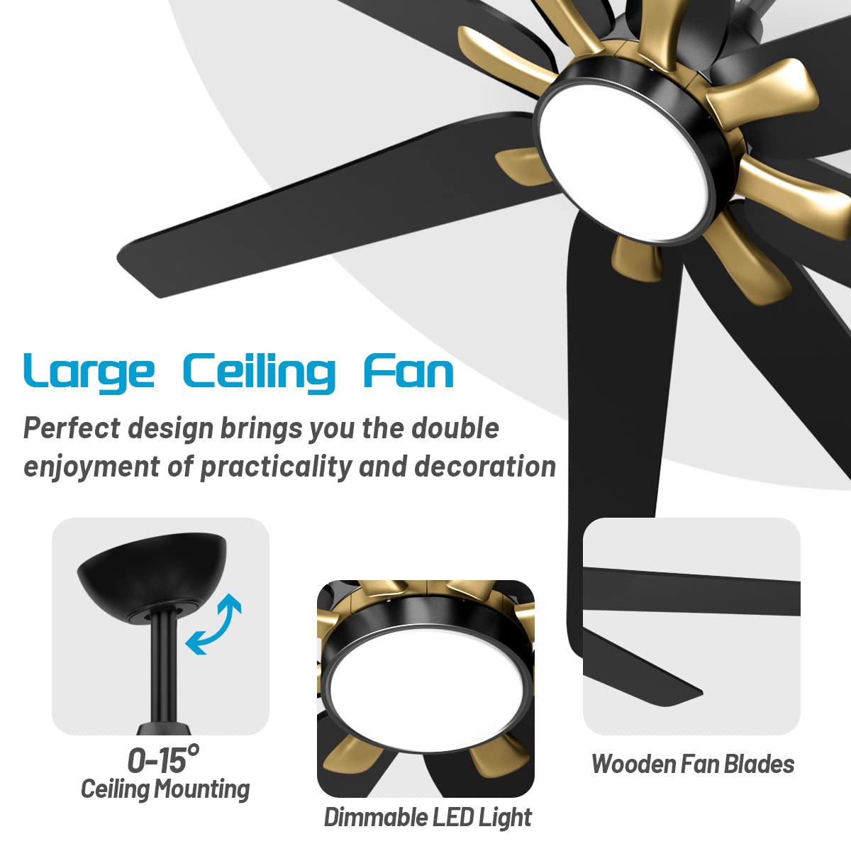 wurzee 72" Large Industrial Ceiling Fans with Light, 6 Speed, Reversible DC Motor