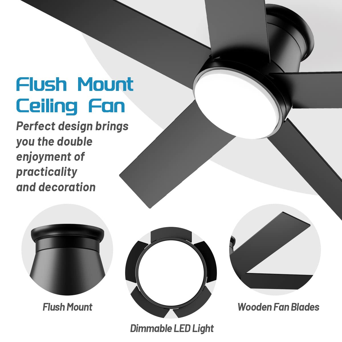 wurzee 52" Flush Mount Ceiling Fan, Black Low Profile Ceiling Fan