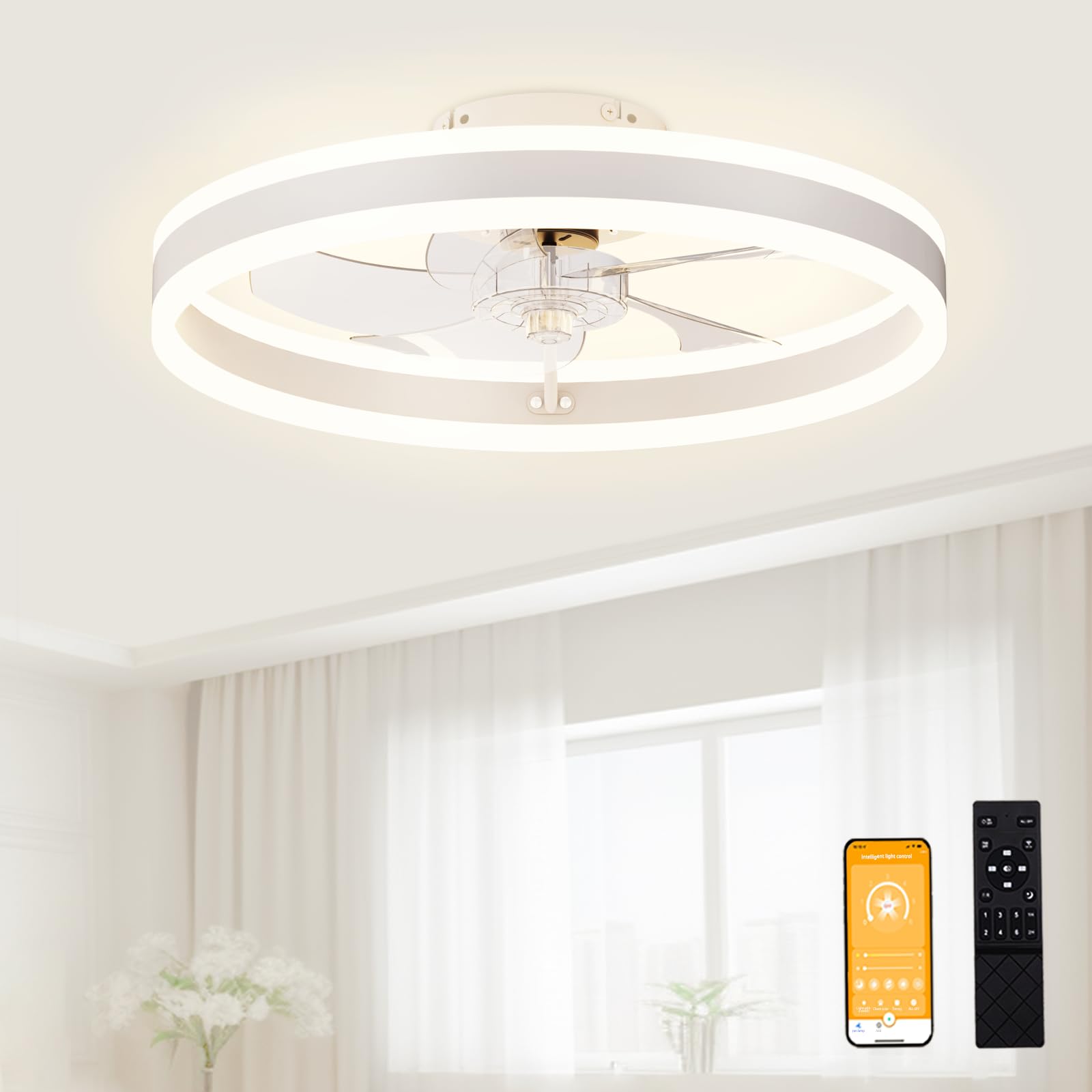 VOLISUN Low Profile Ceiling Fans with Lights and Remote, 19.7in Flush Mount Ceiling Fans