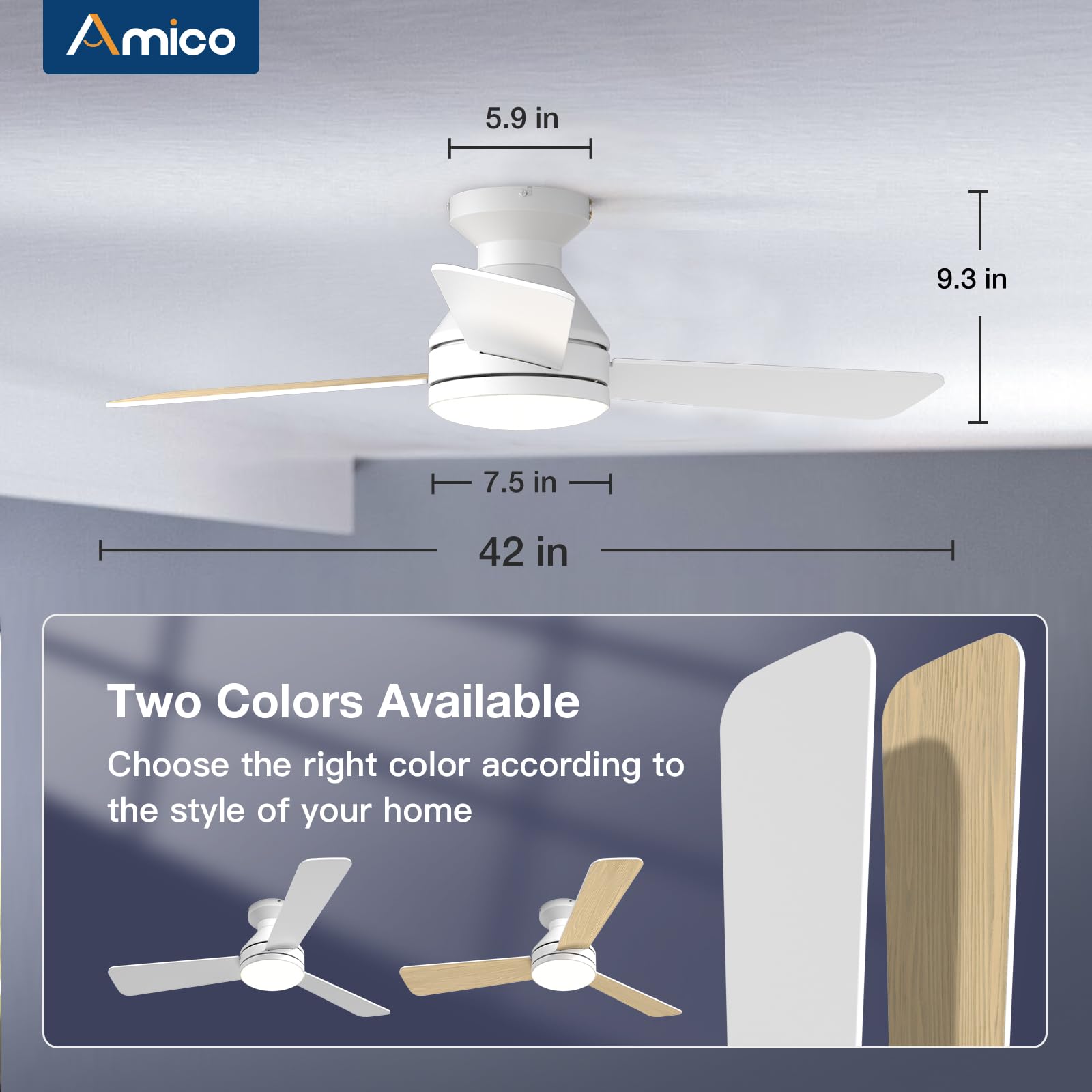 Amico Ceiling Fans with Lights, 42 inch Low Profile Ceiling Fan