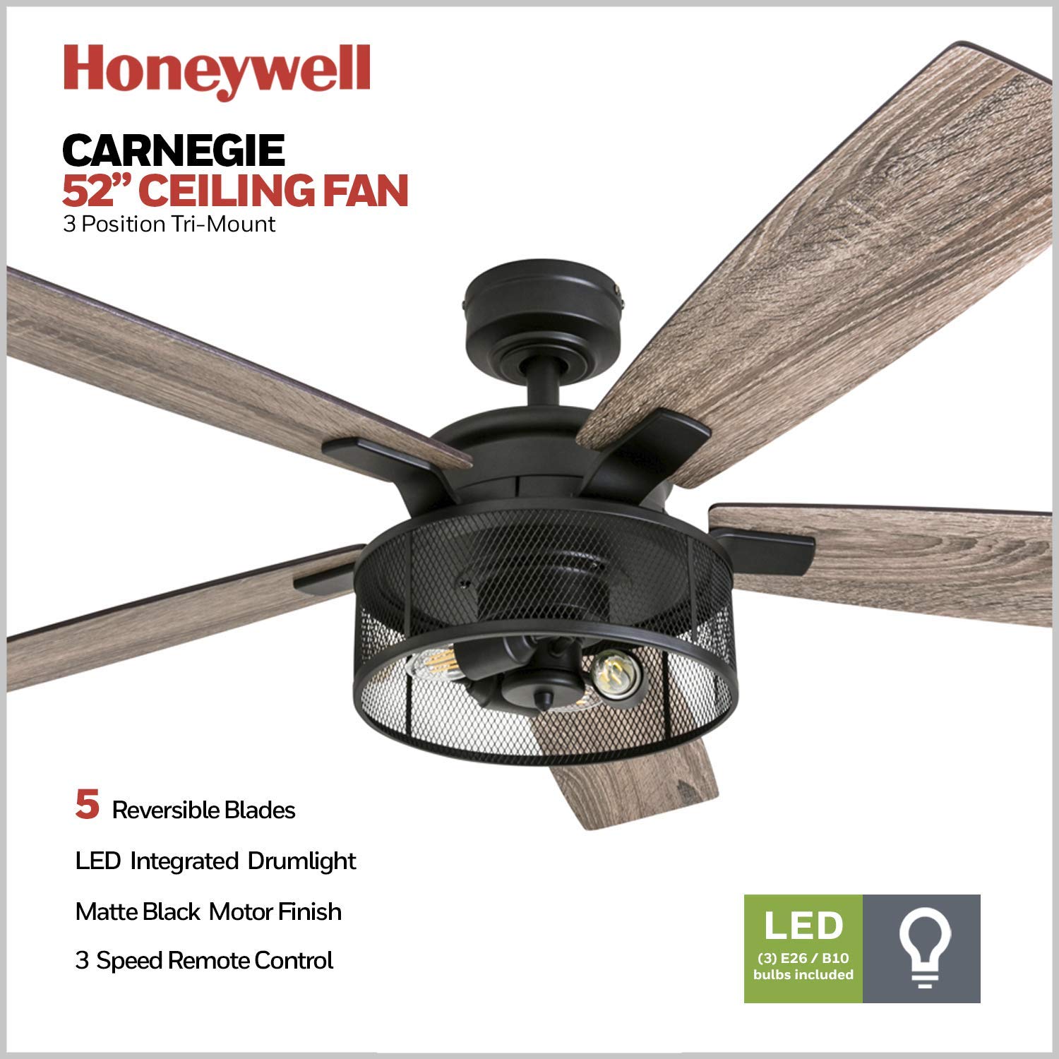 Honeywell Ceiling Fans Carnegie, 52 Inch Industrial Style Indoor LED Ceiling Fan with Light