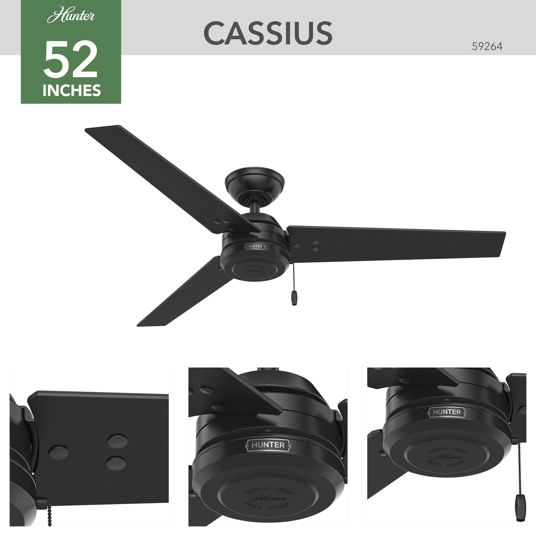 Hunter Cassius Indoor / Outdoor Ceiling Fan with Pull Chain Control, 52", Matte Black