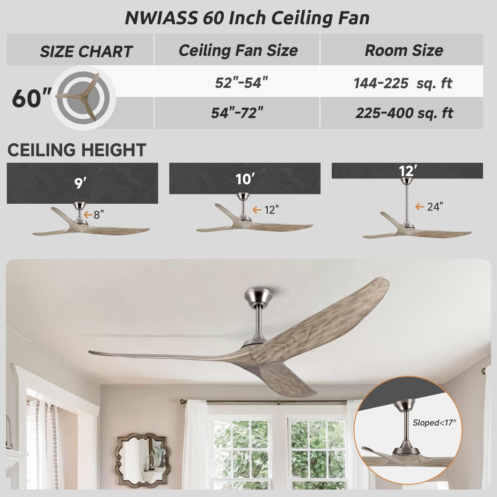 NWIASS 60 Inch Ceiling Fan No Light, Large Outdoor Ceiling Fan