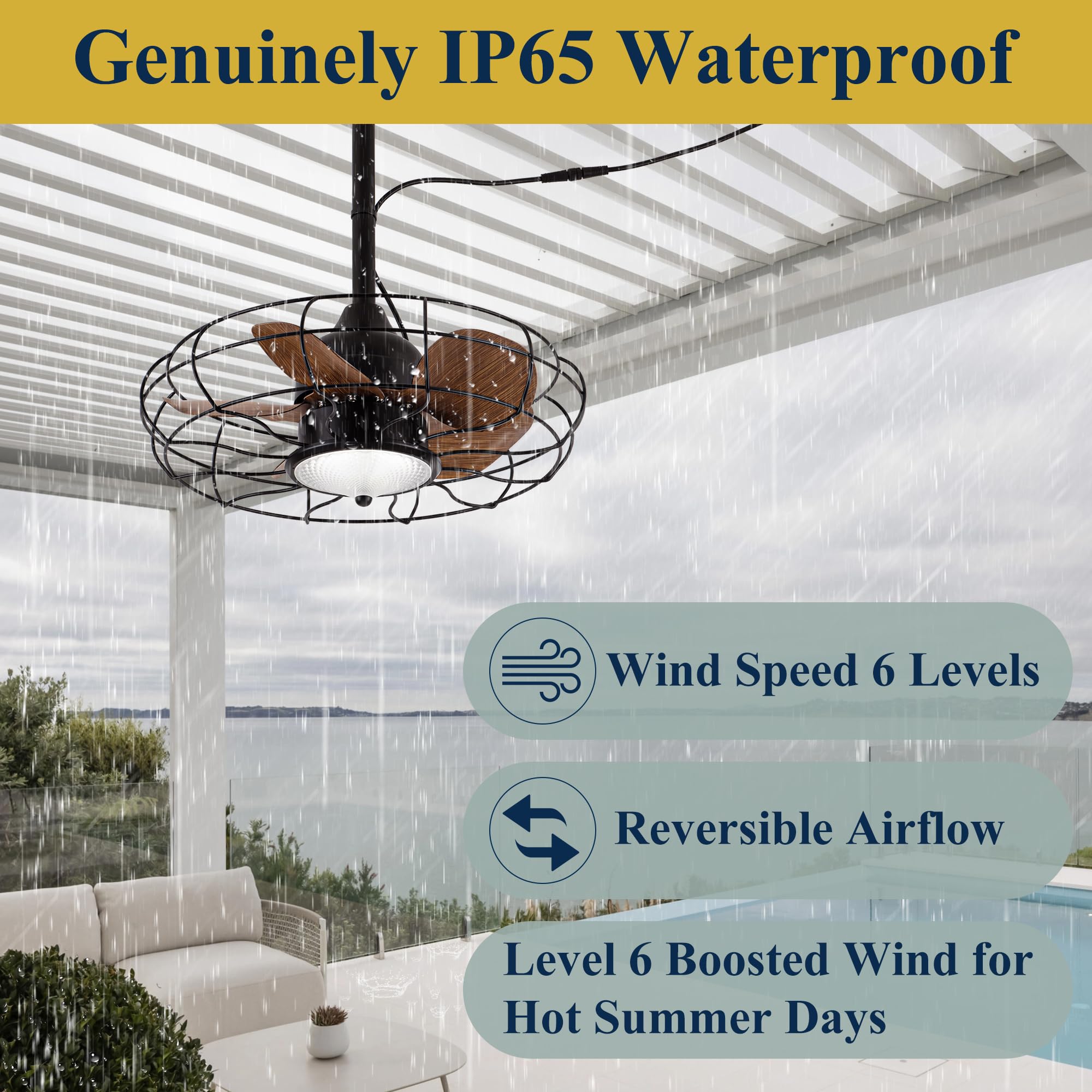 NORFOLK Outdoor Ceiling Fans with Light, 20'' Wet Rated 2024 Updated IP65 Gazebo Fan